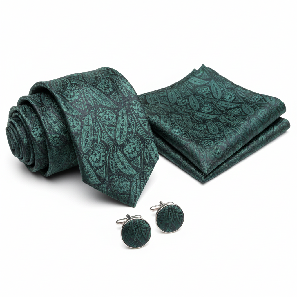 Dark green paisley tie, hanky and cufflink set