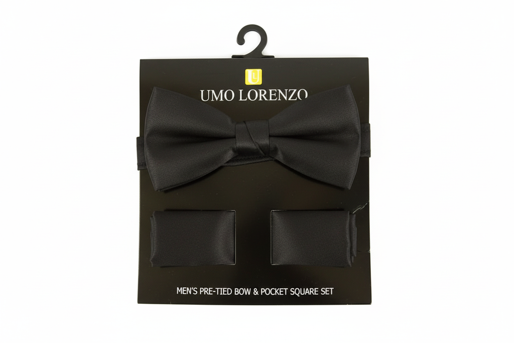 Poly Satin Bow Tie and Hanky - Black