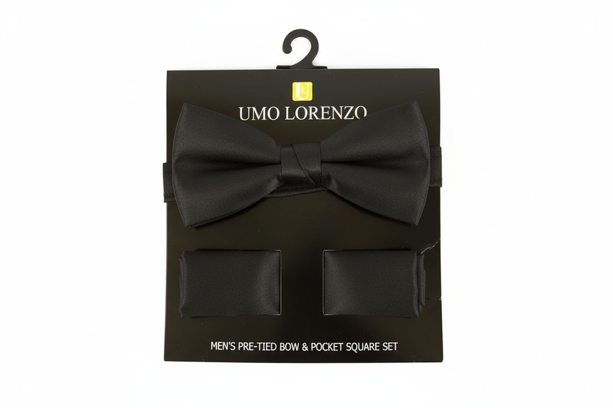 Poly Satin Bow Tie and Hanky - Black