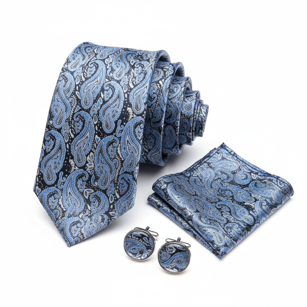 Blue paisley tie, hanky and cufflink set