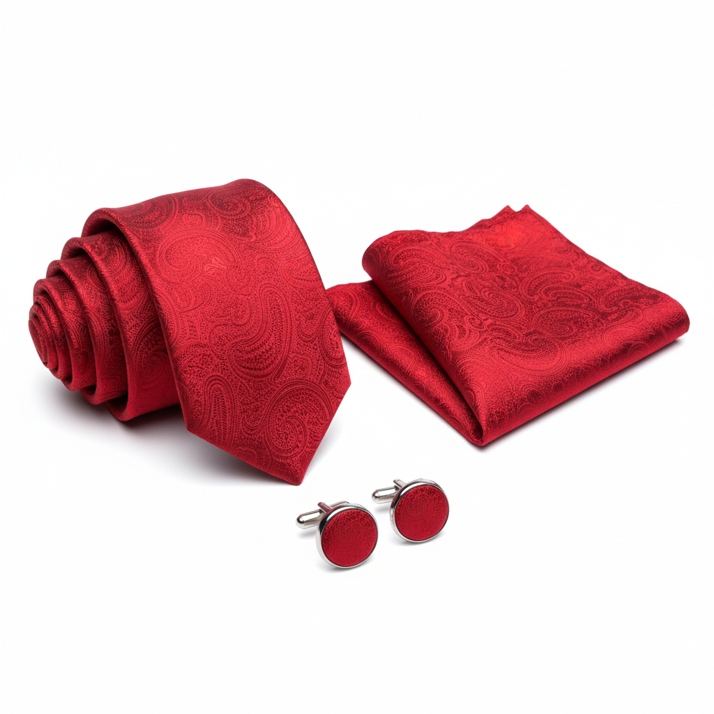 Red paisley tie, hanky and cufflink set