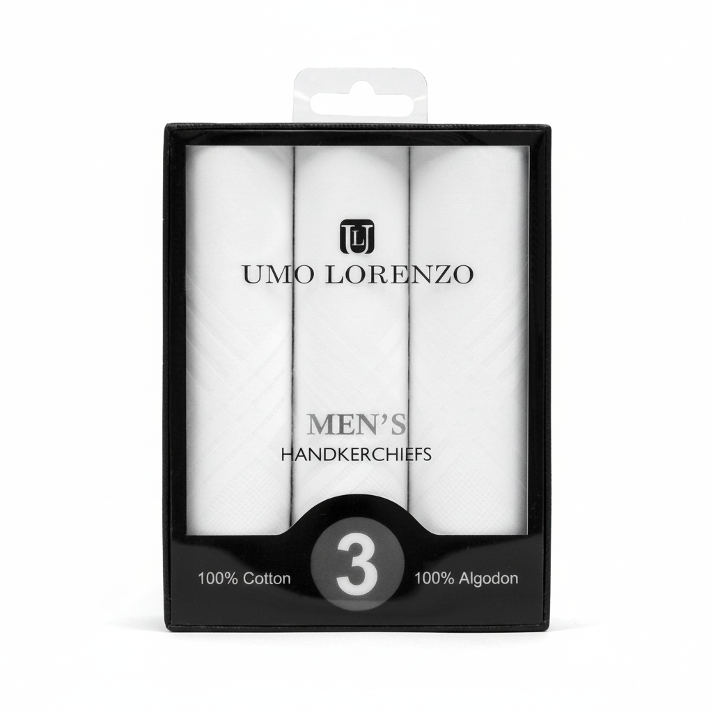 Boxed men's cotton plain handkerchiefs 3pcs set front view