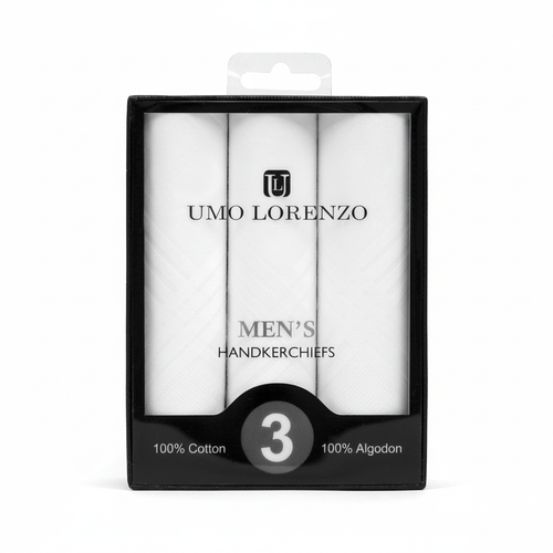 Boxed men's cotton plain handkerchiefs 3pcs set front view