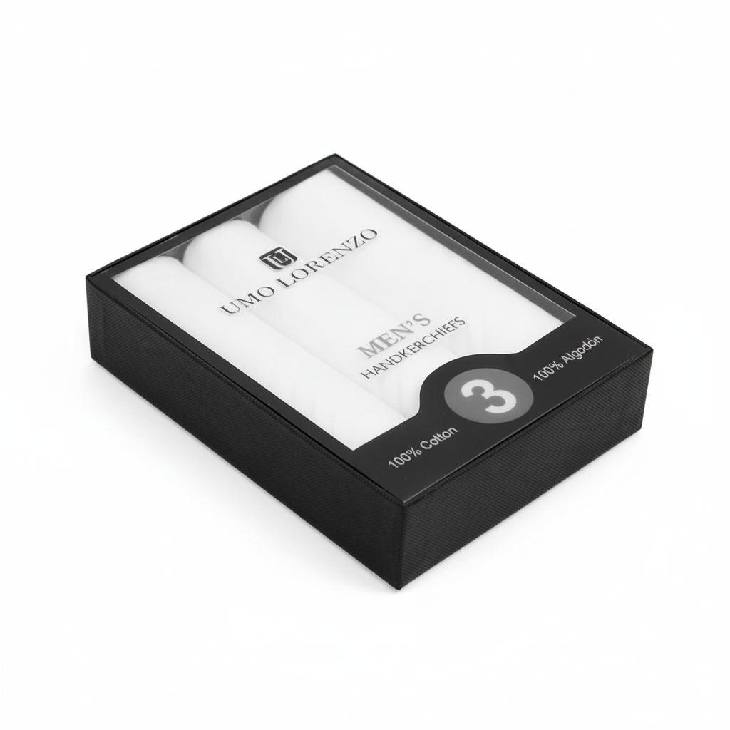 Boxed men's cotton plain handkerchiefs 3pcs set angled view