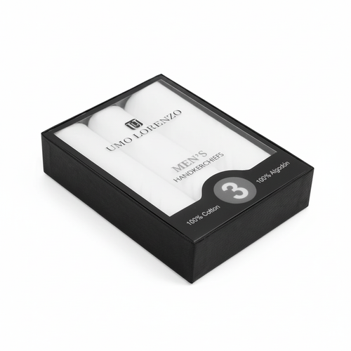 Boxed men's cotton plain handkerchiefs 3pcs set angled view