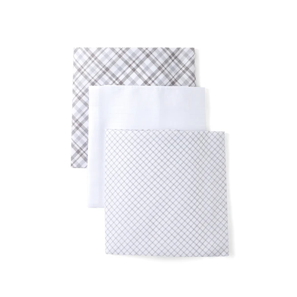 Three gray cotton handkerchiefs flat lay showing solid, diamond and plaid patterns
