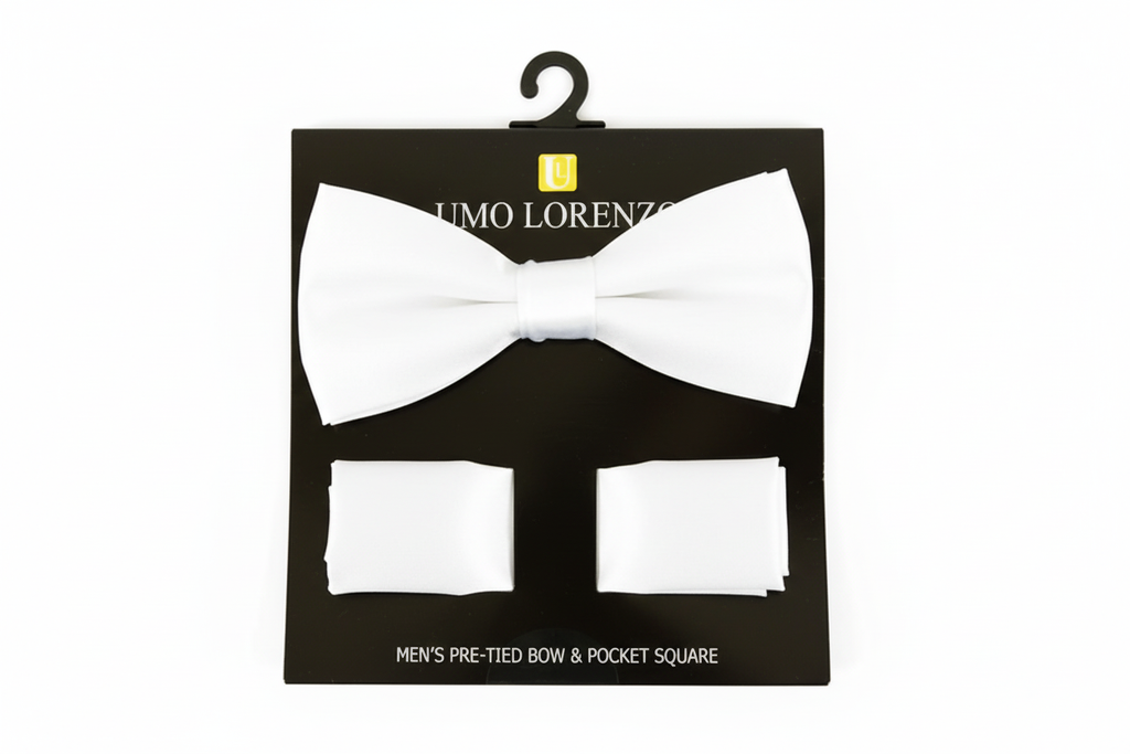 Poly Satin Bow Tie and Hanky - White