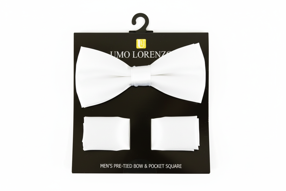 Poly Satin Bow Tie and Hanky - White