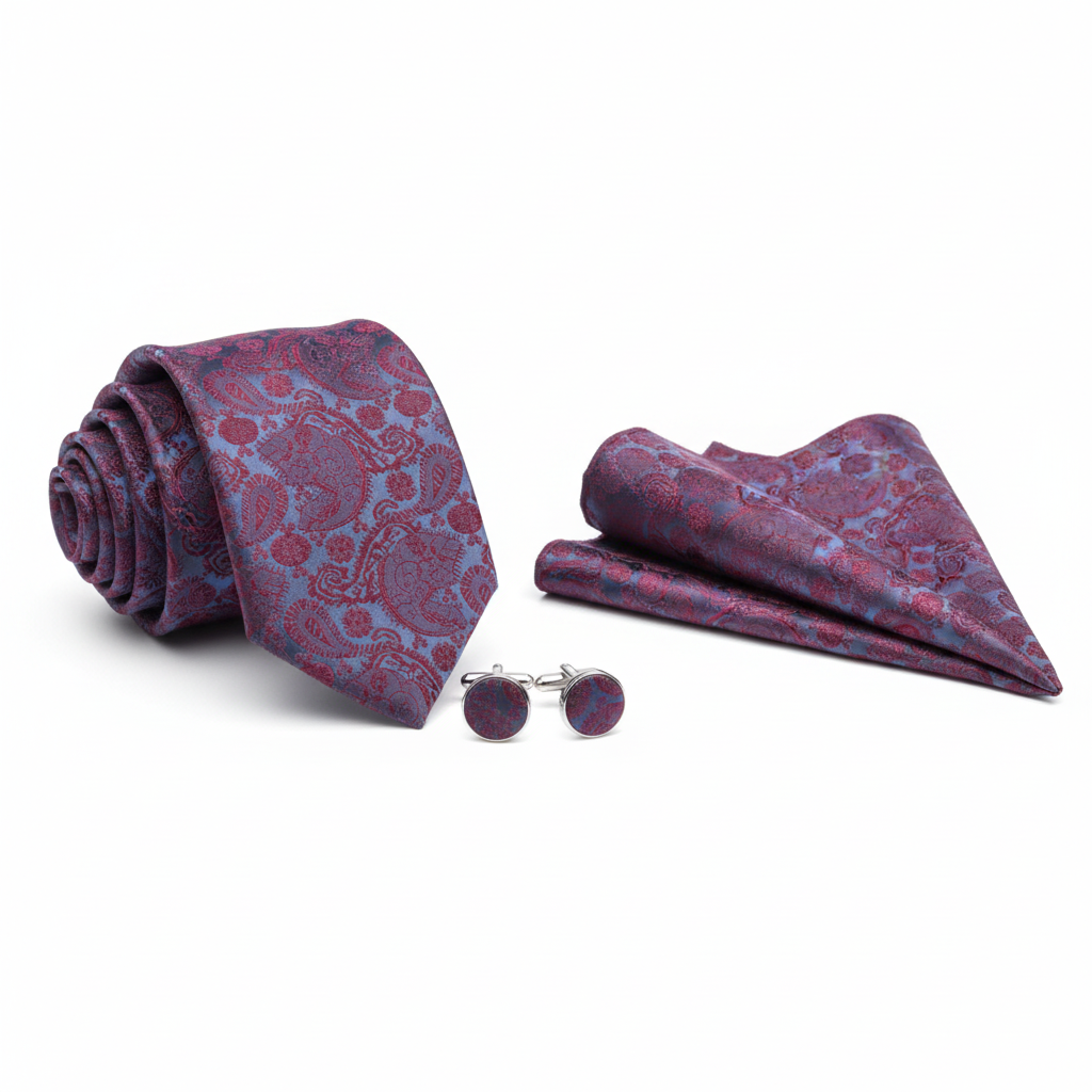 Burgundy paisley tie, hanky and cufflink set
