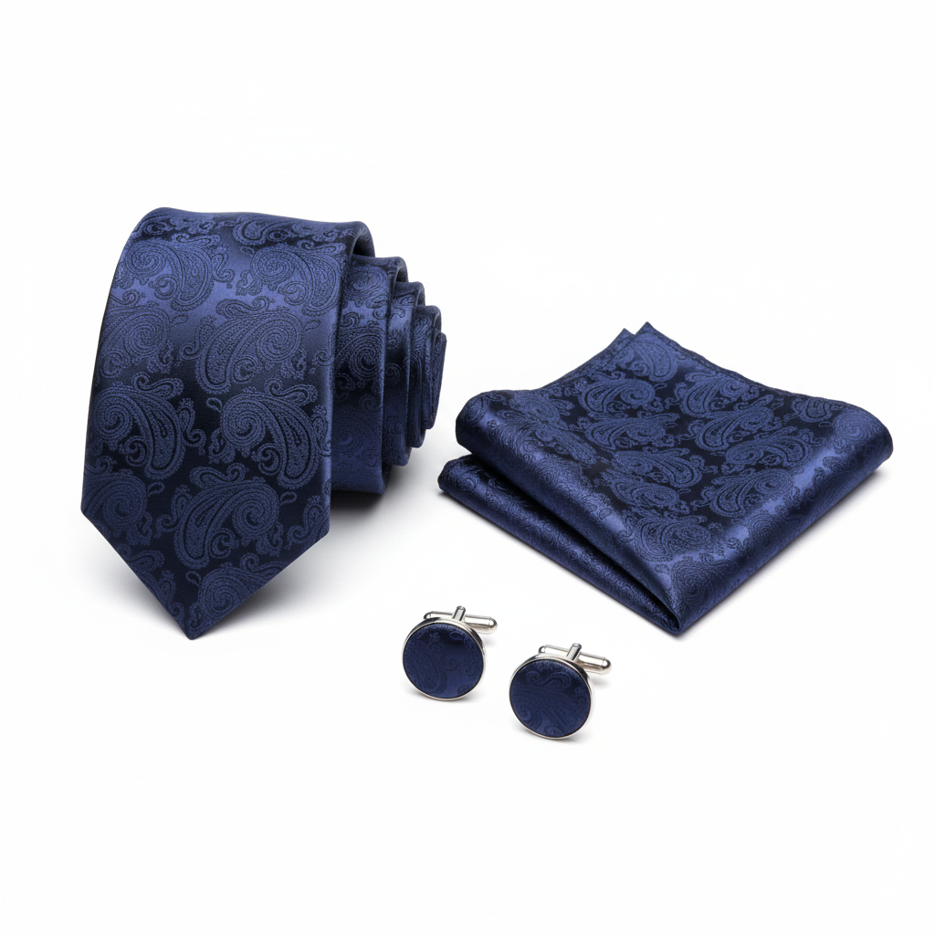 Navy paisley tie, hanky and cufflink set