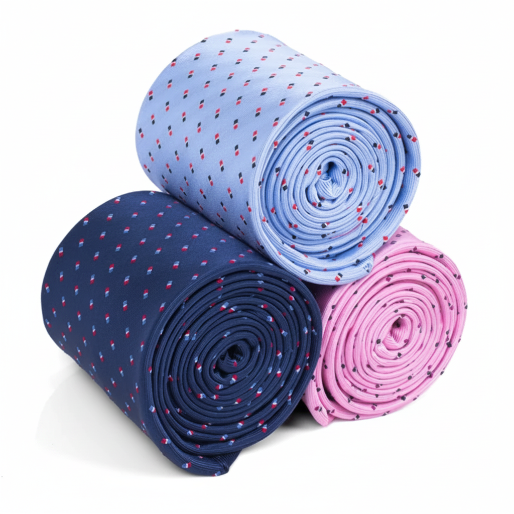 Baby blue, navy and pink micro fiber poly woven dot ties