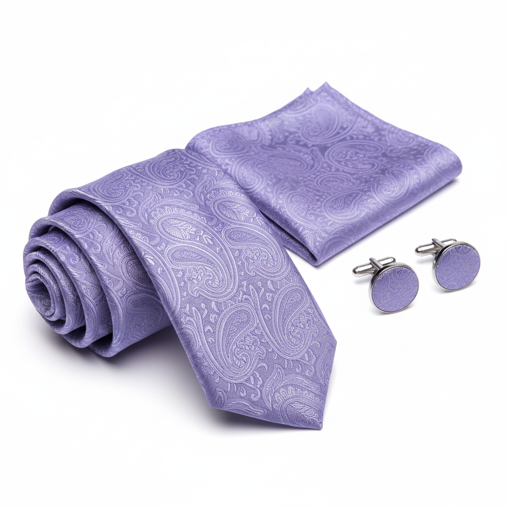 Lilac paisley tie, hanky and cufflink set