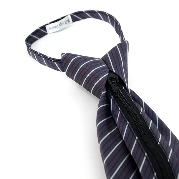 Men's Charcoal Striped Zipper Tie - zipper mechanism close-up