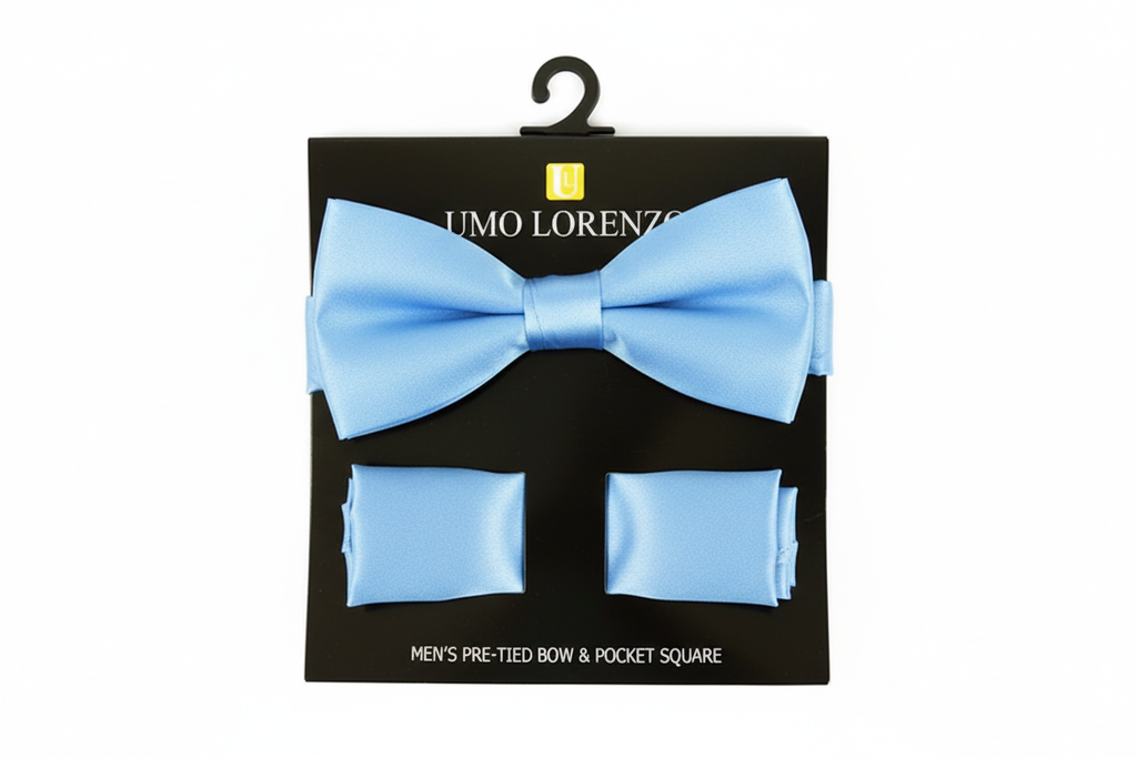 Poly Satin Bow Tie and Hanky - Baby Blue