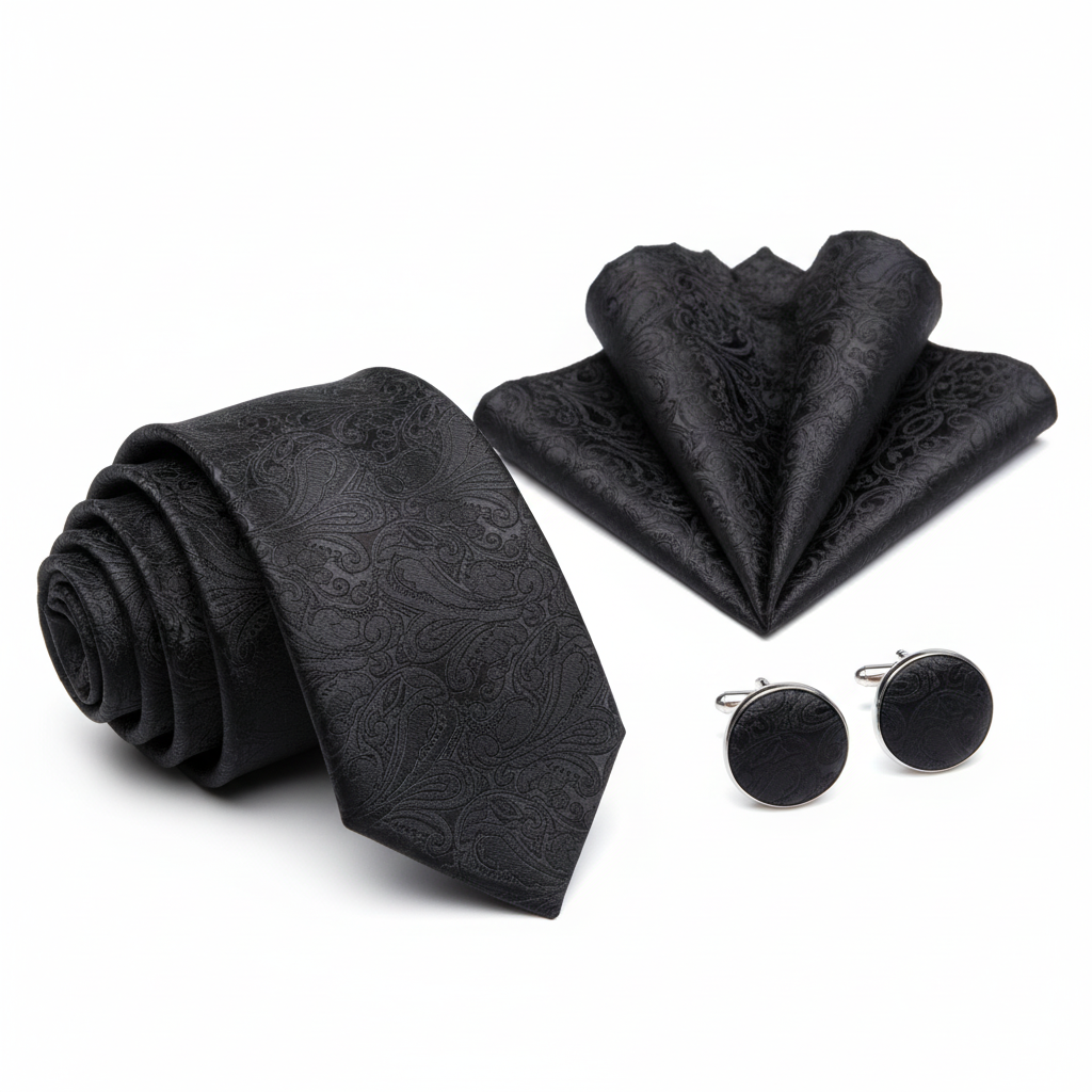 Black paisley tie, hanky and cufflink set