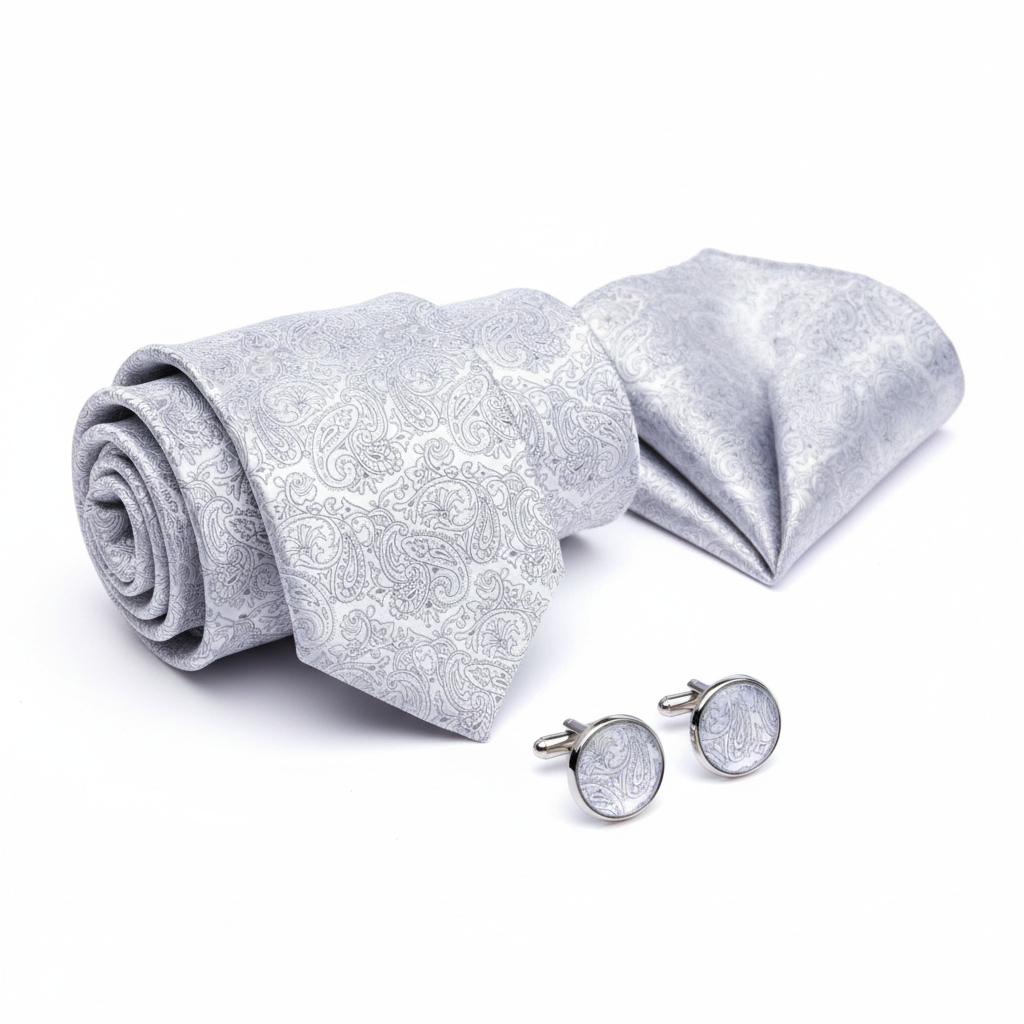 Silver paisley tie, hanky and cufflink set