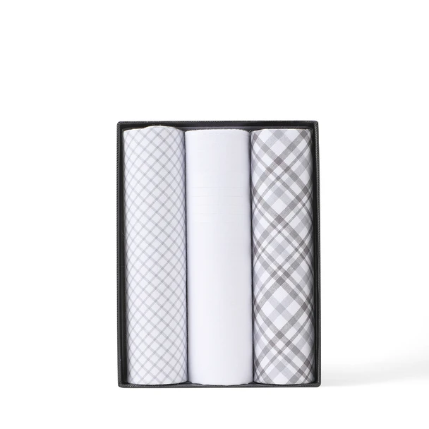 Men's cotton gray handkerchiefs 3pcs set in open black gift box
