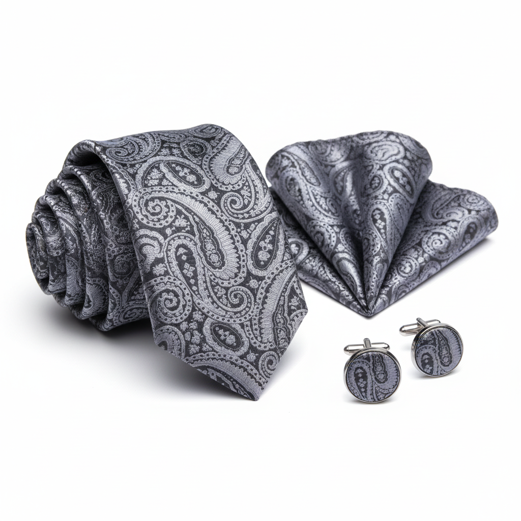 Charcoal paisley tie, hanky and cufflink set