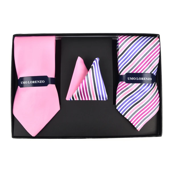 Striped and solid tie with matching hanky box set in black gift box