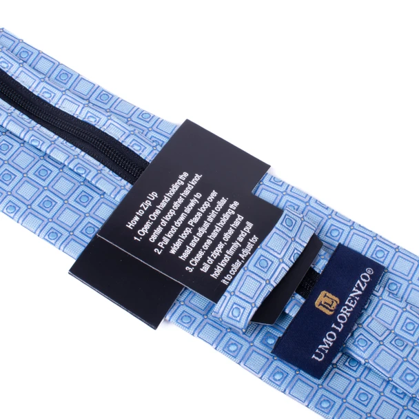 Men's Blue Geometric Zipper Tie - UMO Lorenzo label and zip instructions