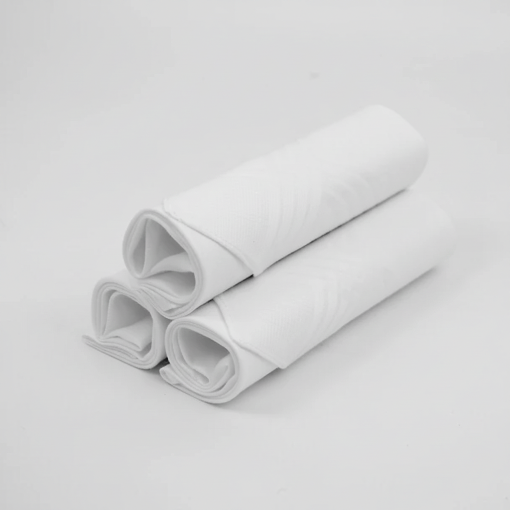 Three white cotton handkerchiefs rolled up