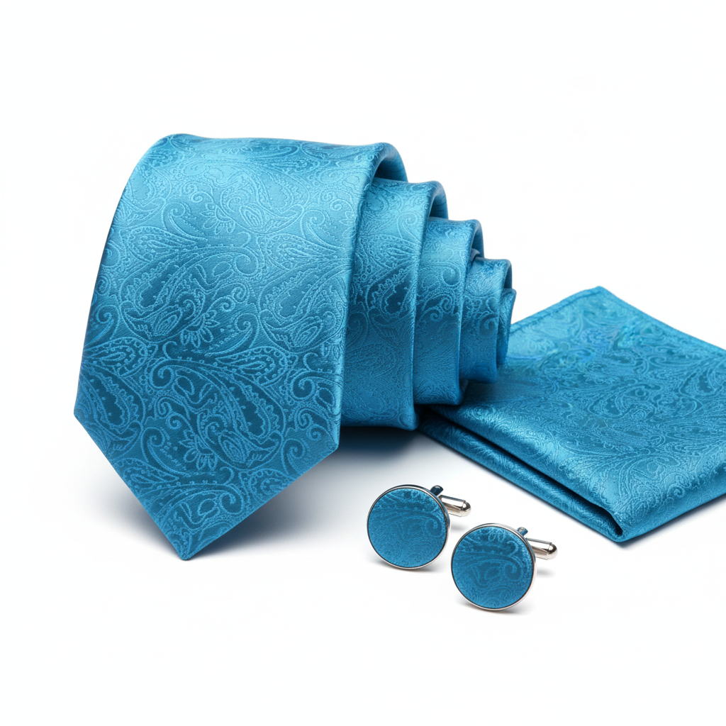 Turquoise paisley tie, hanky and cufflink set