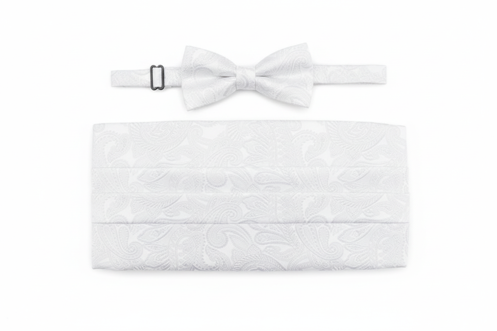 Men's Paisley Cummerbund and Bow Tie Set - White AI
