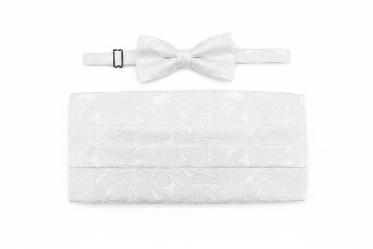 Men's Paisley Cummerbund and Bow Tie Set - White AI